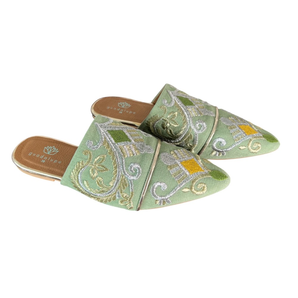 Guadalupe Sage Green Embroidered Pointed Toe Flats Slides Women's Size 38 US 7.5